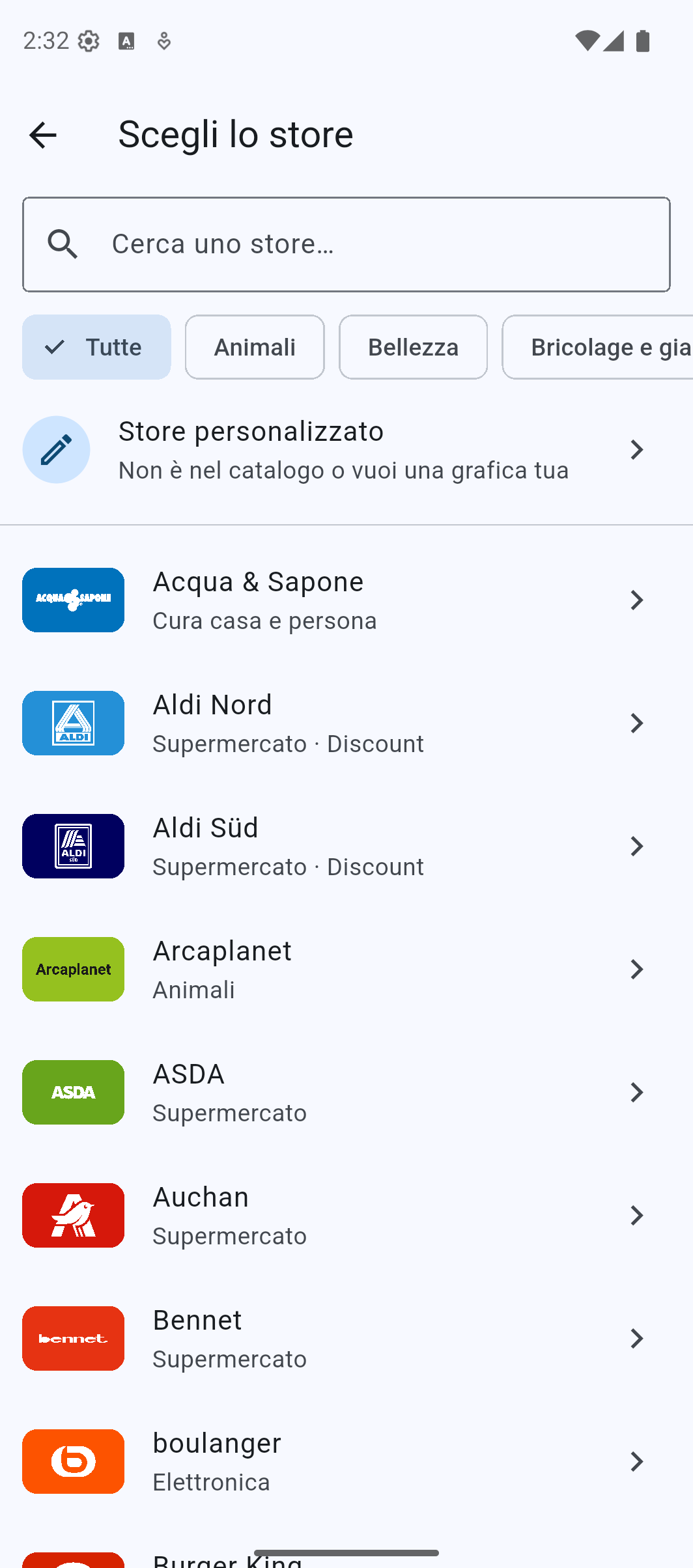 Catalogo degli store con loghi e categorie