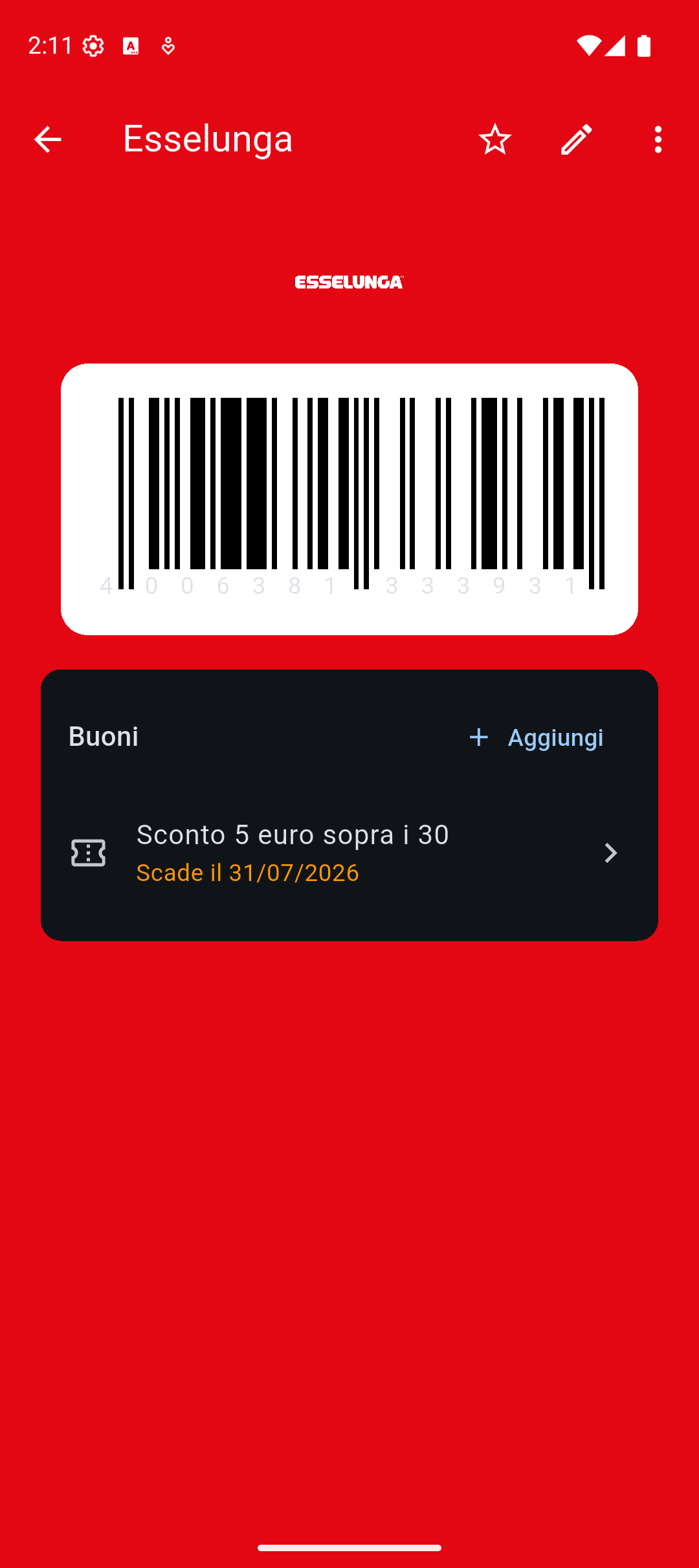 Dettaglio carta con barcode e buoni